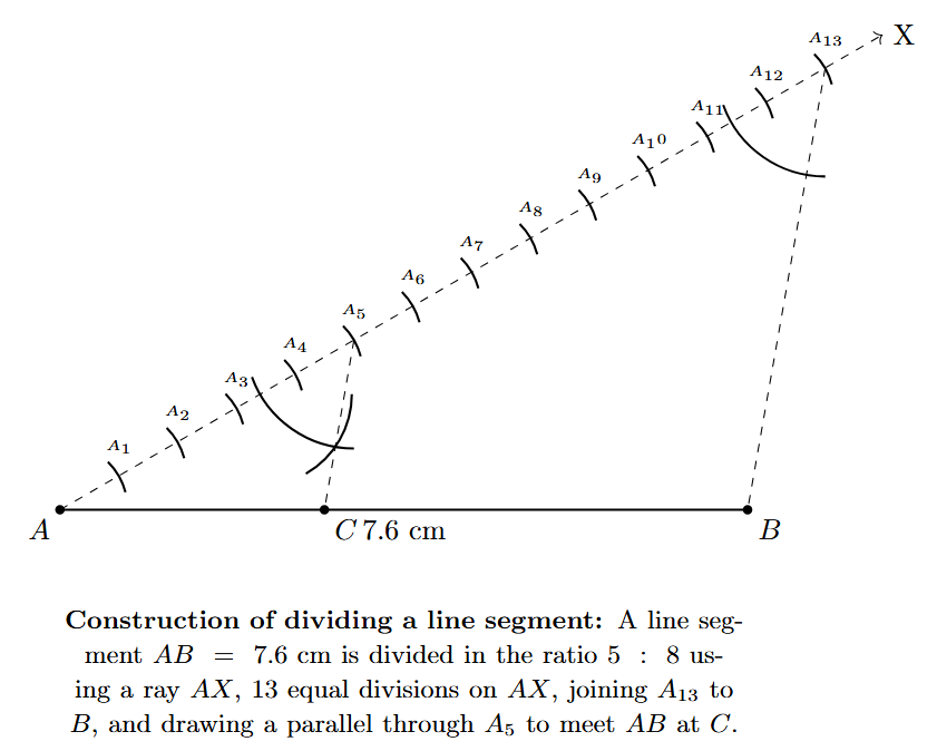 Step 5: A line parallel to A13B is drawn from A5, intersecting AB at point C. This is the final construction.